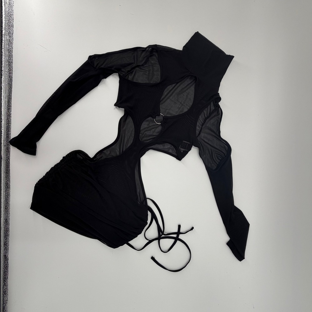Black Mesh Cutout O-Ring Dress Mock Neck Long Sleeve Clubwear XS